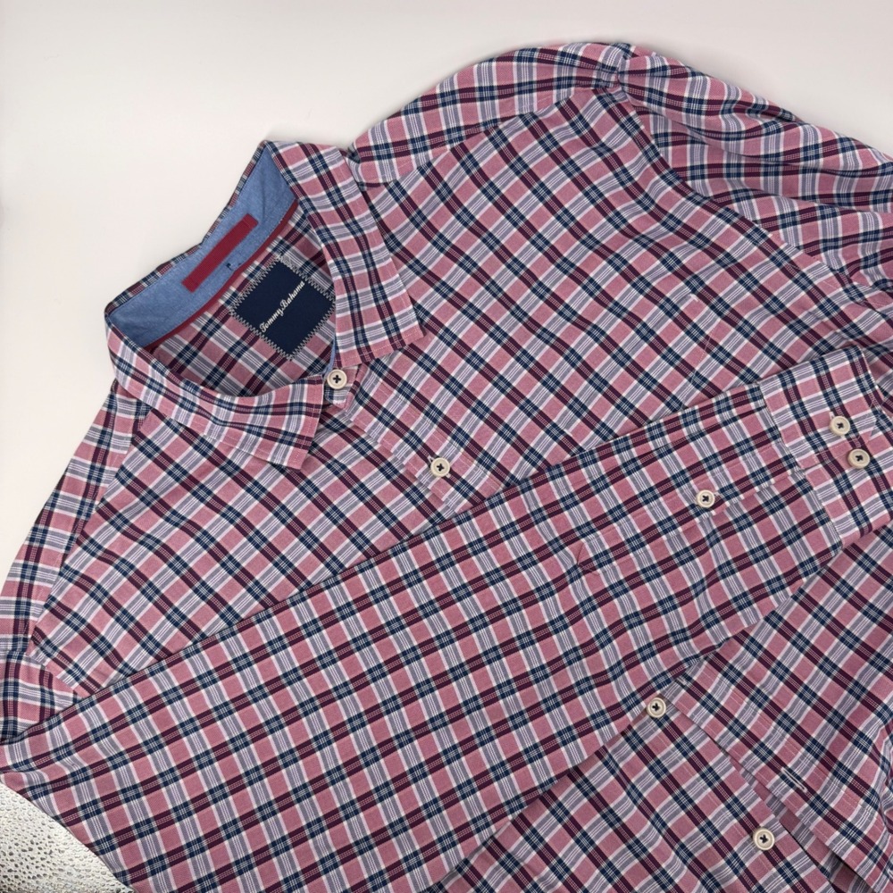 Tommy Bahama Mens XXL Red Blue Plaid Cotton Long Sleeve Button Down Shirt